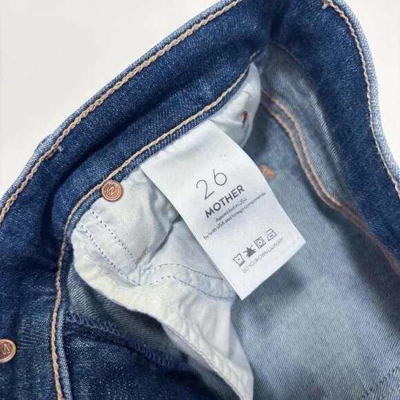 MOTHER The Runaway Fray Jeans Low-Mid Rise Slender Flare Medium/Dark Wash - 26
